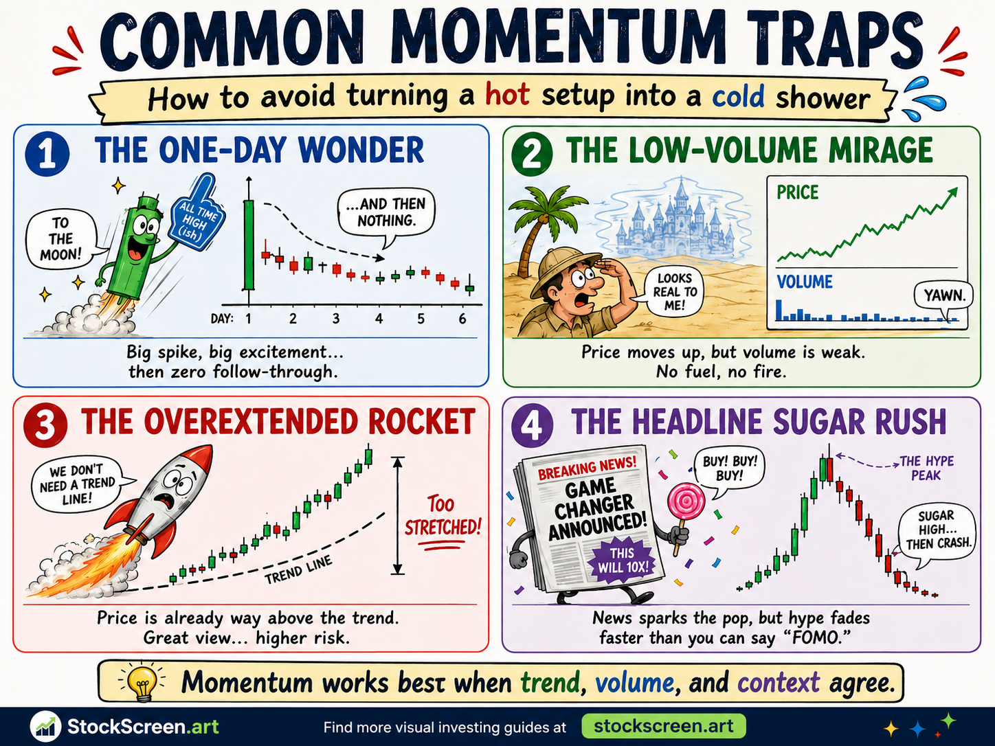 Humorous infographic showing common momentum stock traps including one-day spikes, weak volume, overextended prices and headline-driven hype