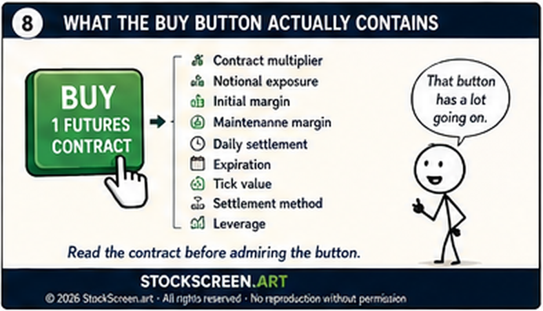 StockScreen.art stick-figure infographic revealing contract multiplier notional exposure margin settlement expiration tick value settlement method and leverage behind a futures buy button