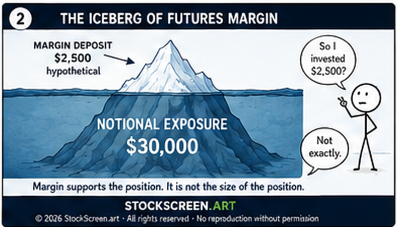 StockScreen.art stick-figure iceberg infographic showing a hypothetical 2500 dollar margin deposit above 30000 dollars of futures notional exposure