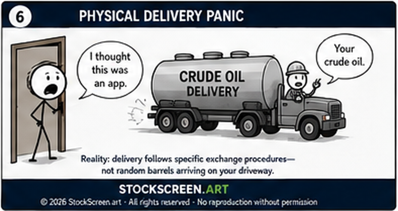 Humorous StockScreen.art stick-figure futures graphic showing a fictional crude oil delivery truck at a trader's home