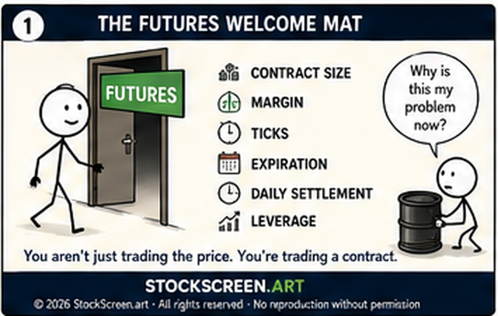 StockScreen.art stick-figure infographic introducing futures contract size, margin, ticks, expiration, daily settlement and leverage