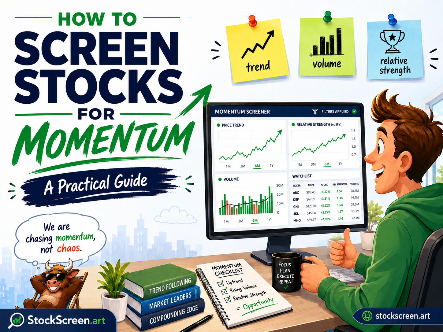 Humorous illustration of a momentum stock screening workspace using trend, volume and relative strength