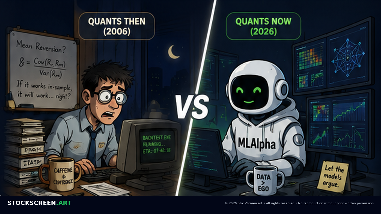 Humorous split-screen illustration comparing a quantitative researcher in 2006 with a modern AI-assisted quant research environment in 2026