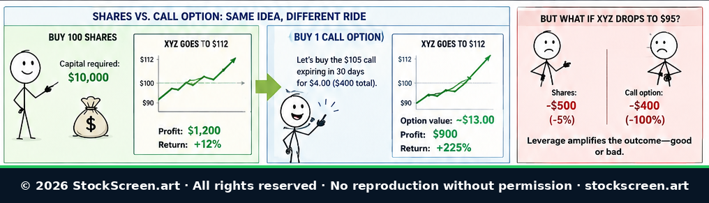 Stick-figure comparison of buying 100 XYZ shares versus buying one call option and the different leverage outcomes