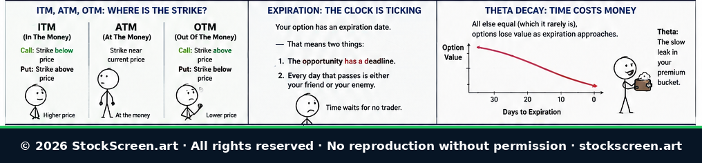 Stick-figure infographic explaining in the money at the money and out of the money option strikes, expiration deadlines and theta time decay