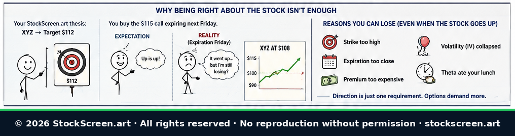 Stick-figure infographic explaining why an investor can be right about the direction of XYZ stock and still lose money on an option