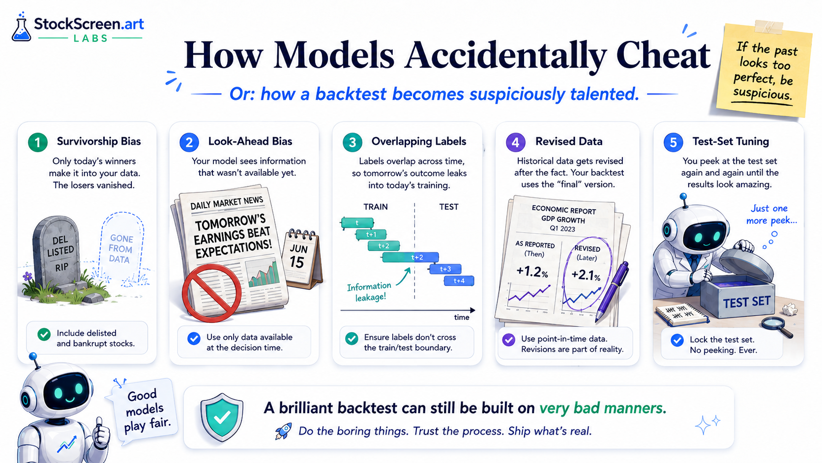 A playful infographic explaining survivorship bias, look-ahead bias, overlapping labels, revised data and repeated test-set tuning.