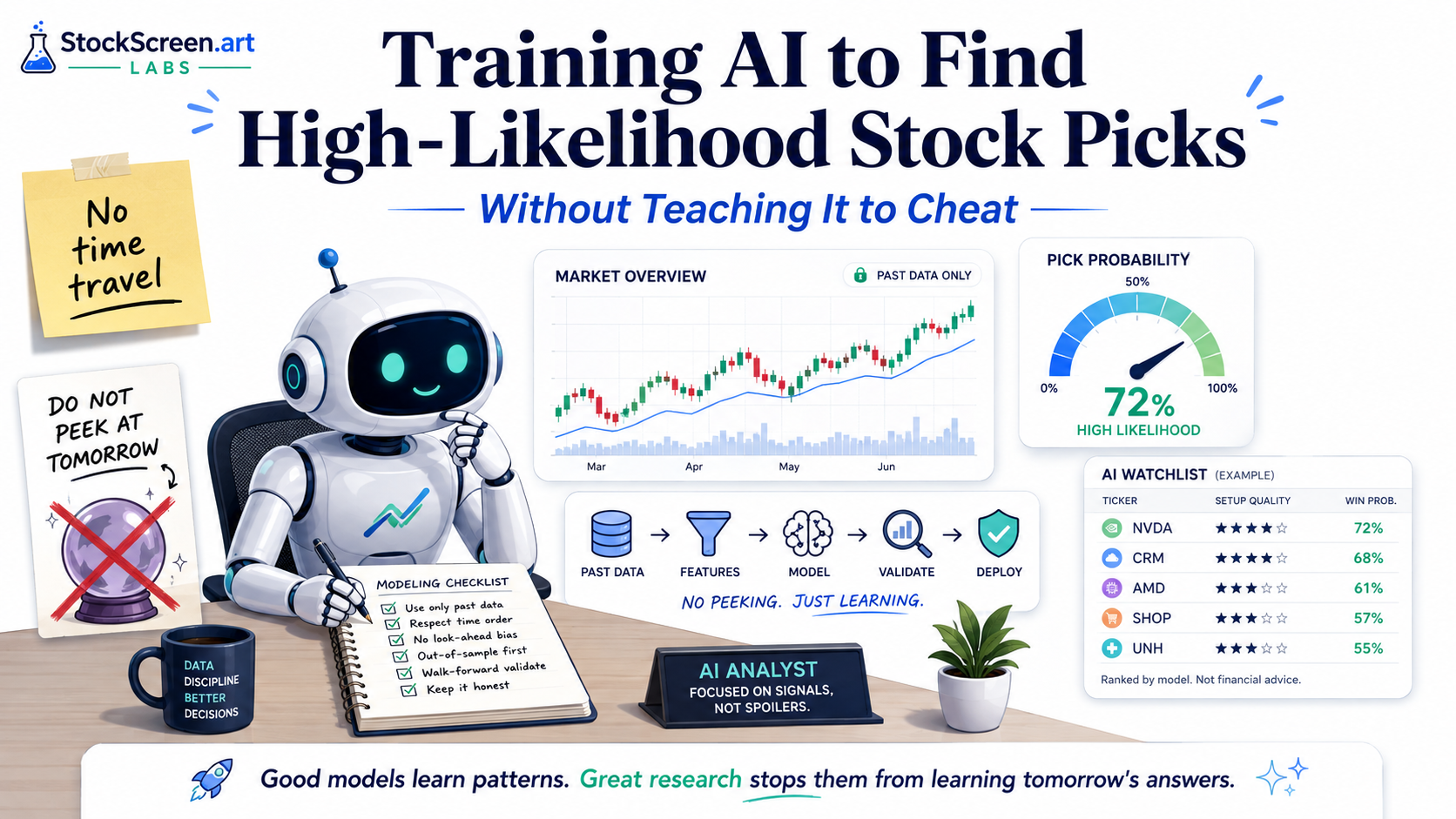 A friendly AI analyst studies historical market data beside reminders not to peek at tomorrow and to use past data only.