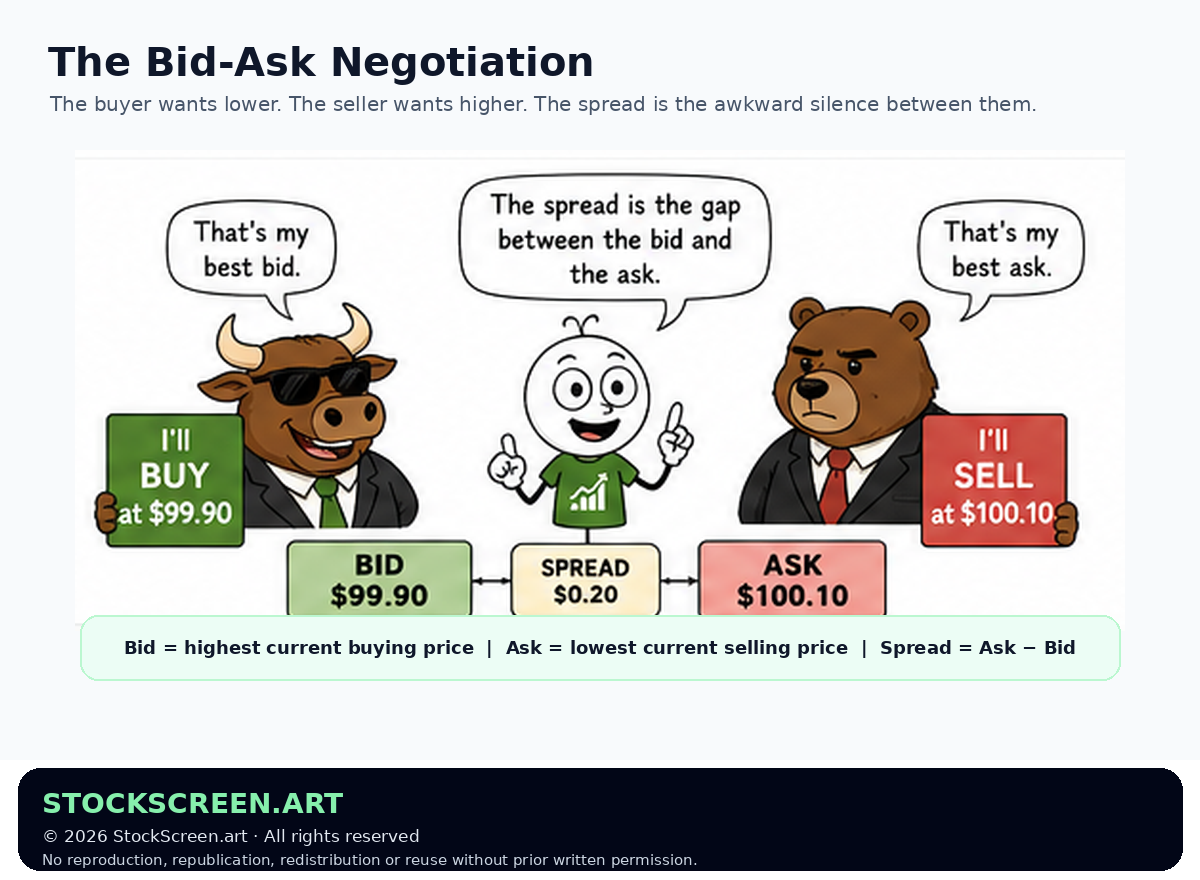 Humorous StockScreen.art graphic showing buyers bidding below sellers asking prices with the spread between them.