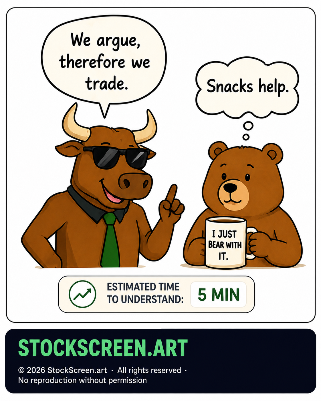 Humorous StockScreen.art illustration of bullish and bearish investors disagreeing about the market.