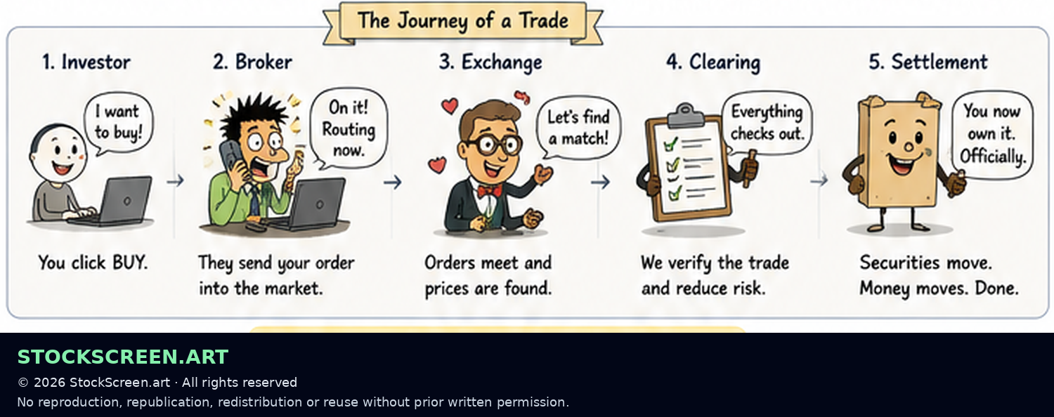 Humorous StockScreen.art diagram showing the journey of a stock trade from investor to broker, exchange, clearing and settlement.