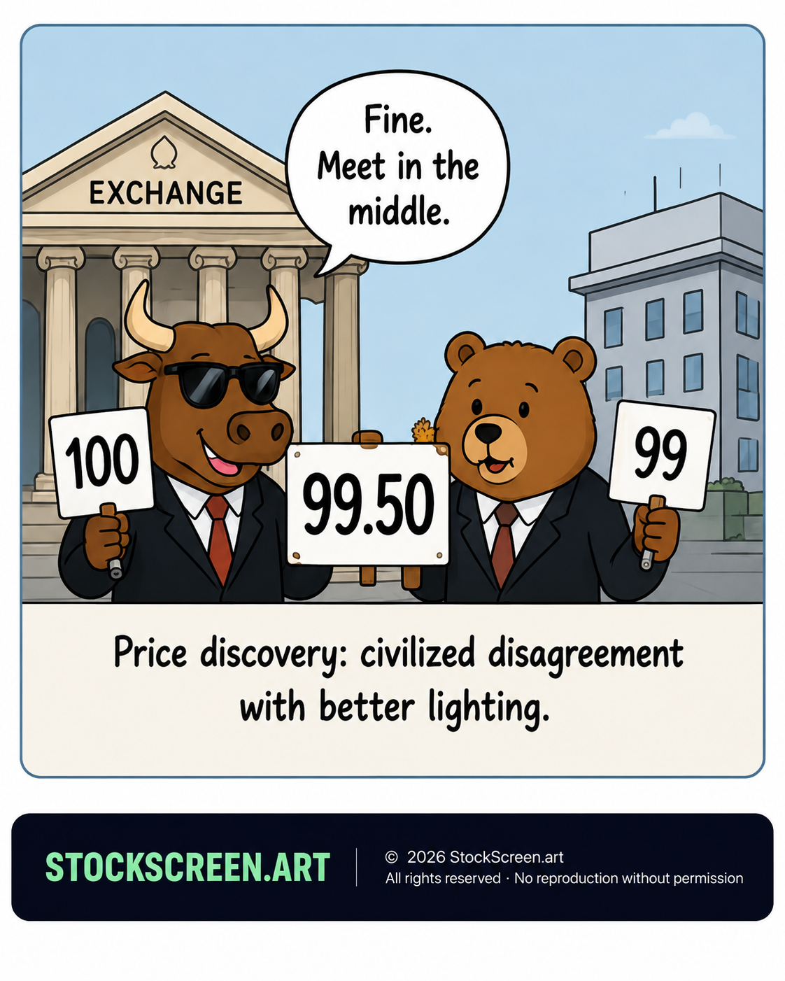 Humorous StockScreen.art illustration of a bull and bear negotiating a stock price outside an exchange.