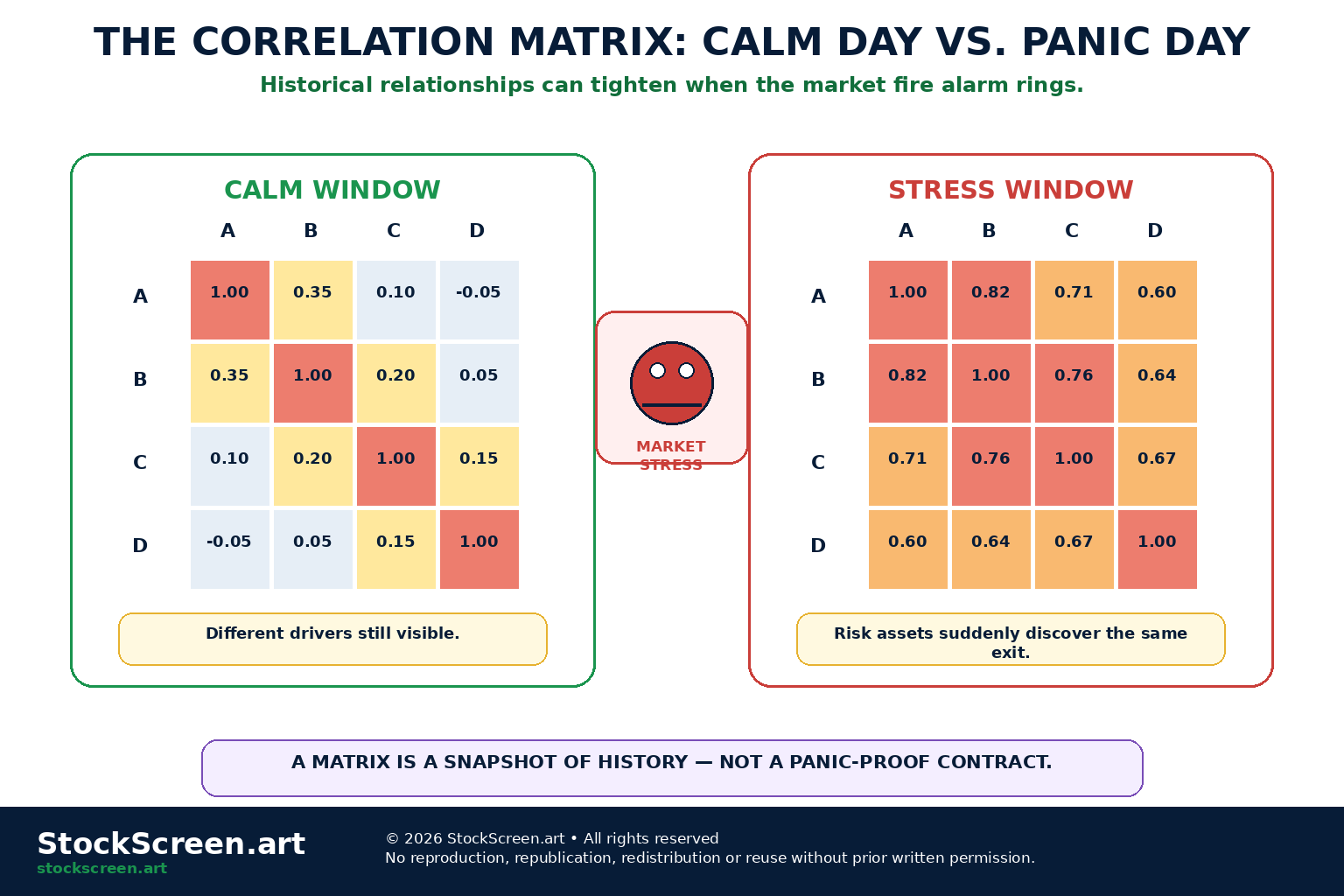 StockScreen.art cartoon infographic showing a simple correlation matrix in calm conditions and a more highly correlated cluster during market stress.