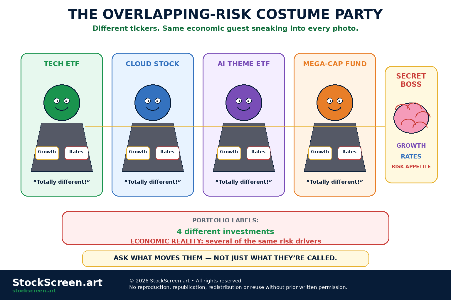 StockScreen.art cartoon infographic showing several different investments at a costume party revealing that they share the same technology, interest-rate and growth risk factors.
