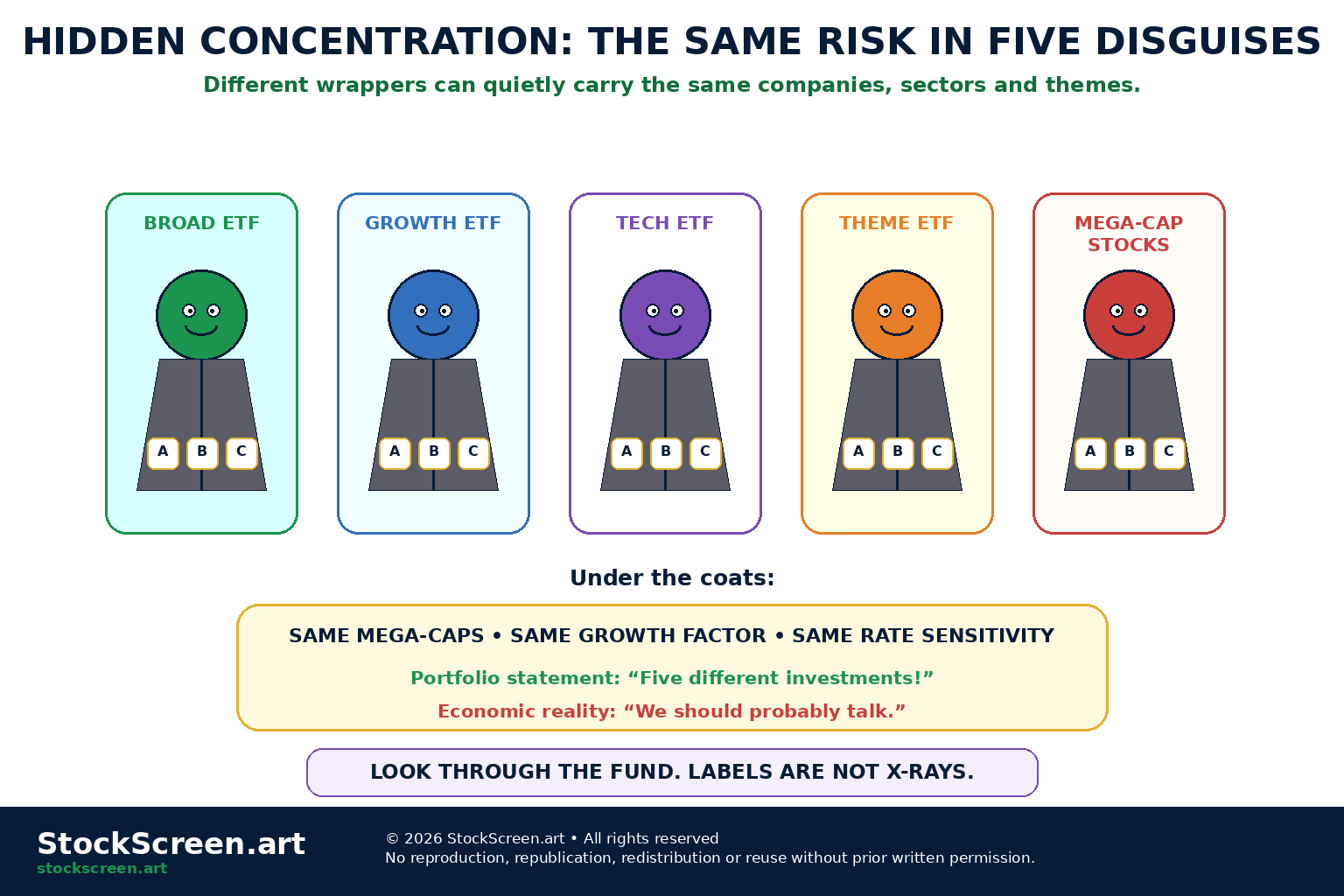 StockScreen.art cartoon infographic showing several different funds secretly carrying many of the same underlying stocks.