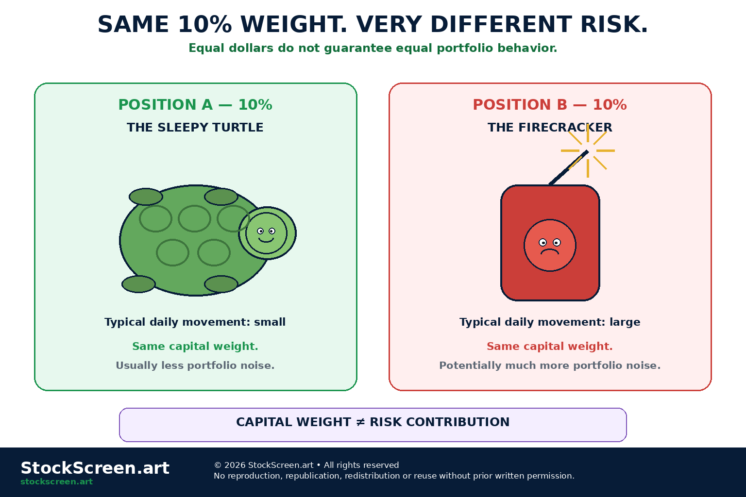 StockScreen.art cartoon infographic comparing two equal-sized portfolio positions, one drawn as a calm turtle and one as an explosive firecracker, to show equal capital can create unequal risk.