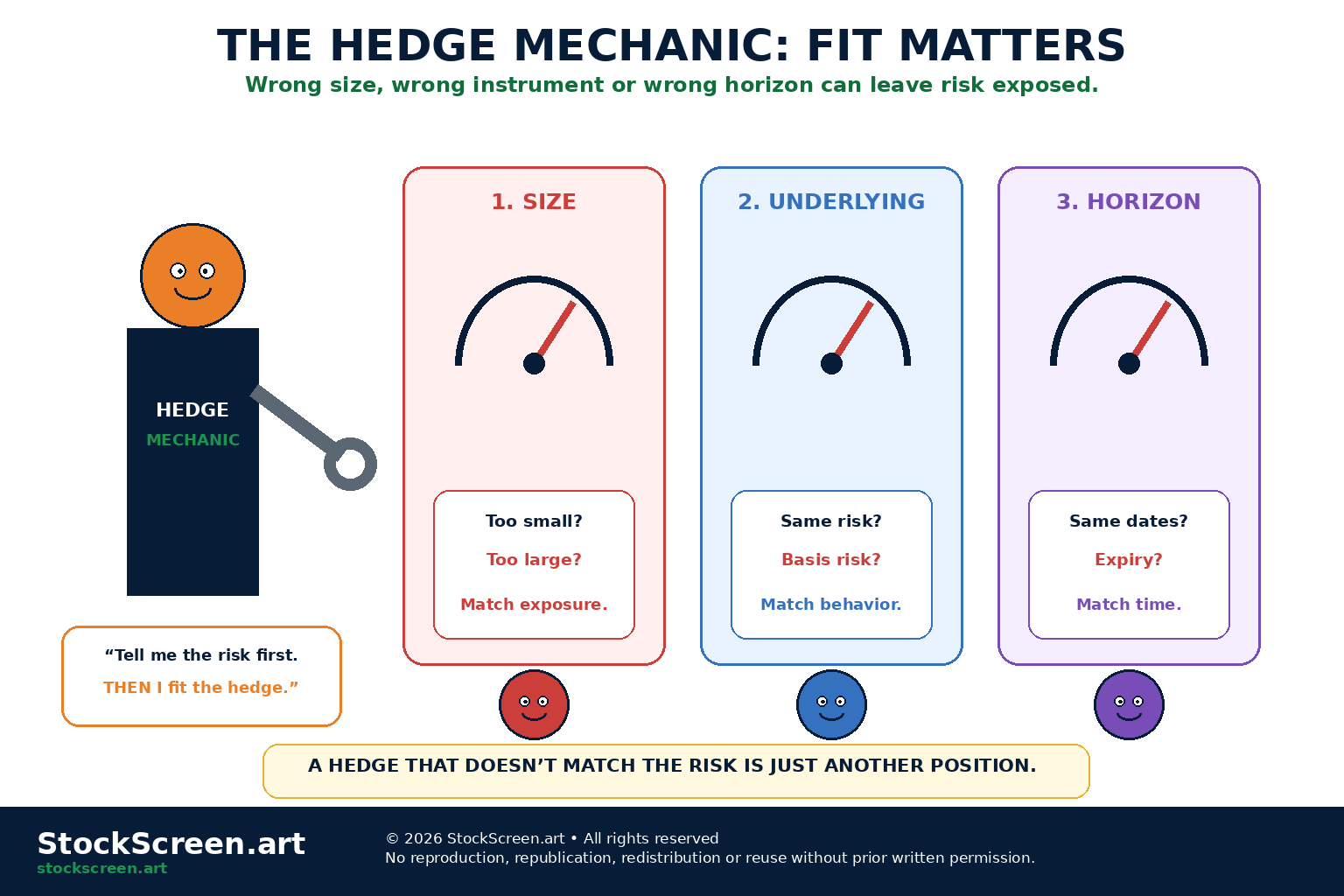 StockScreen.art cartoon infographic showing a hedge mechanic checking the fit of a hedge for size, underlying exposure and time horizon.