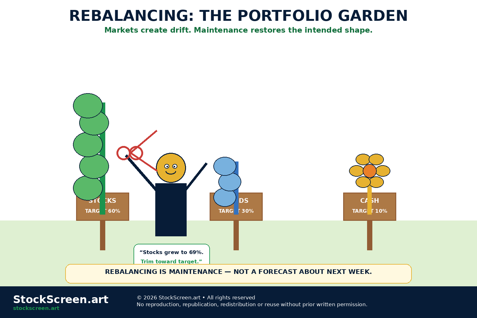 StockScreen.art cartoon infographic showing a portfolio gardener trimming an oversized asset and feeding an underweight asset to restore target portfolio weights.