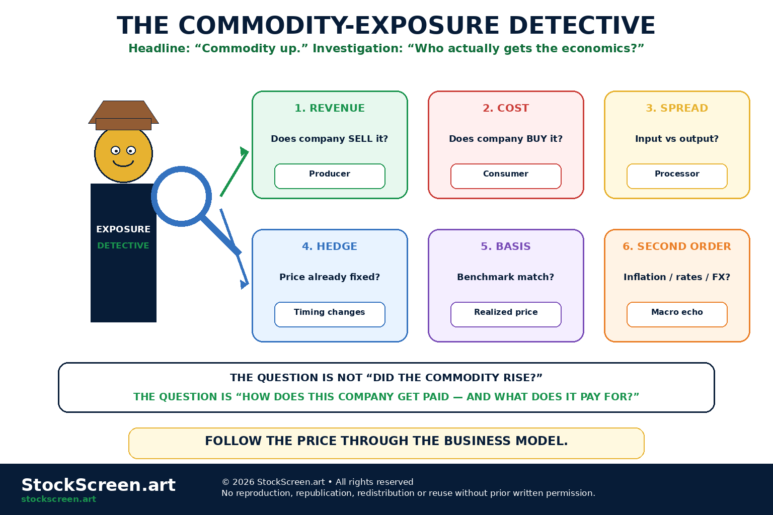 StockScreen.art cartoon infographic showing a commodity exposure detective tracing a price shock through producers, processors, consumers, hedges and second-order macro effects.