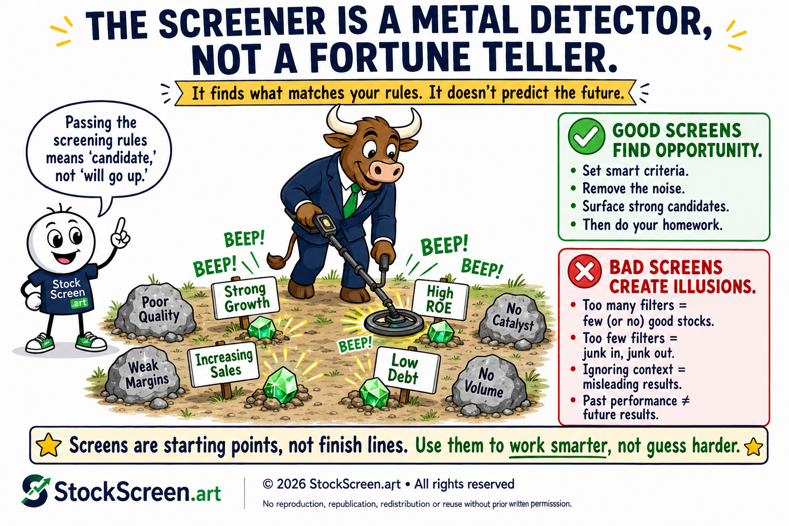 Humorous StockScreen.art illustration showing a stock screener as a metal detector that checks criteria but does not predict the future.